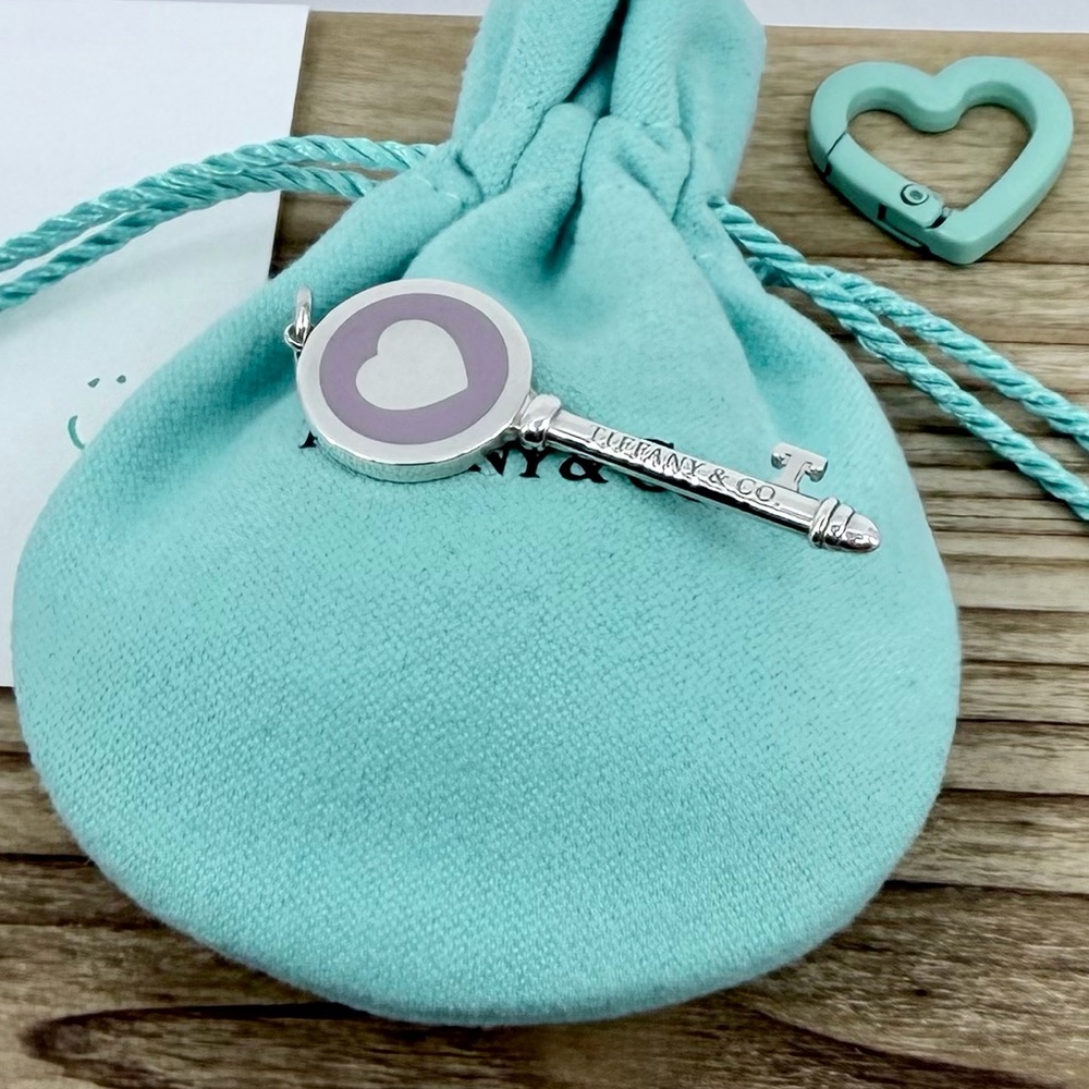 Return to Tiffany Co. Lavender Purple Heart Key Charm Pendant Silver